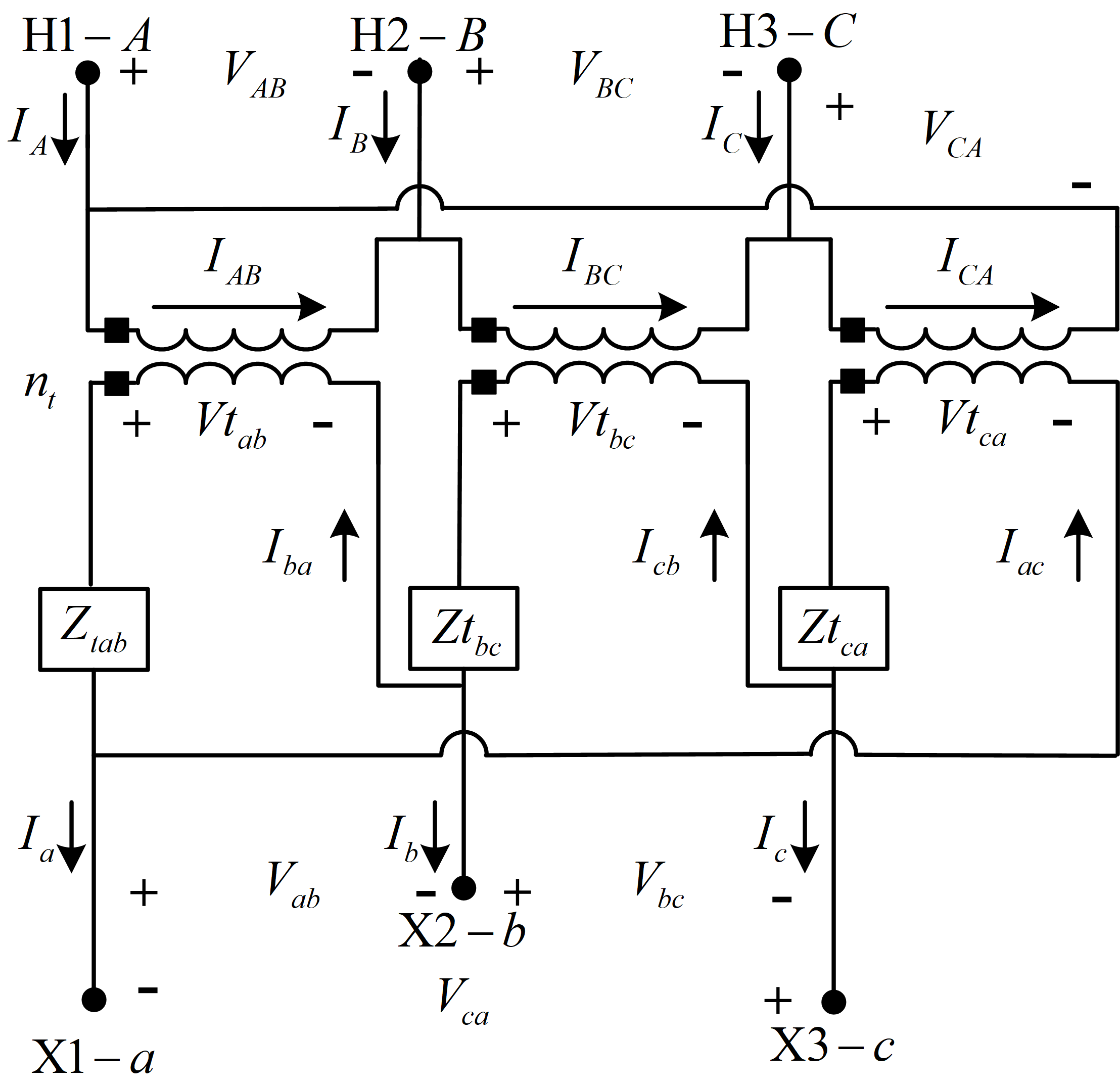 三个单相变压器的三角形-三角形接法
